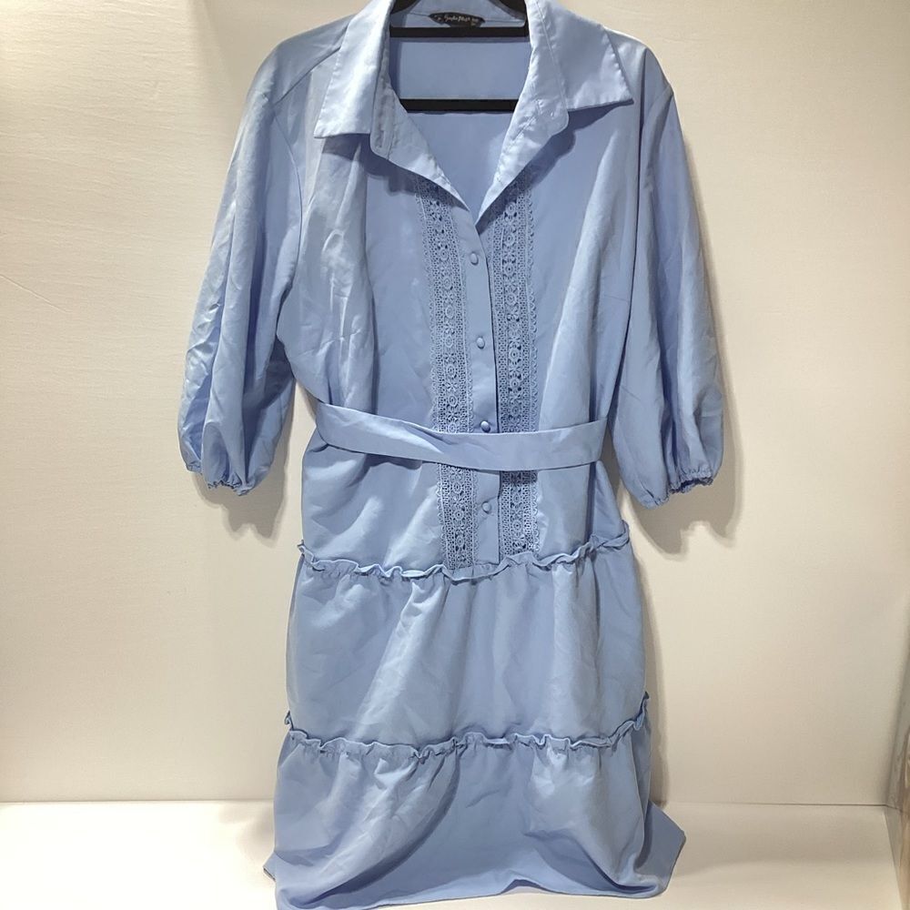 Simplee Plus Blue Ruffle Lace Belted Dress 3X